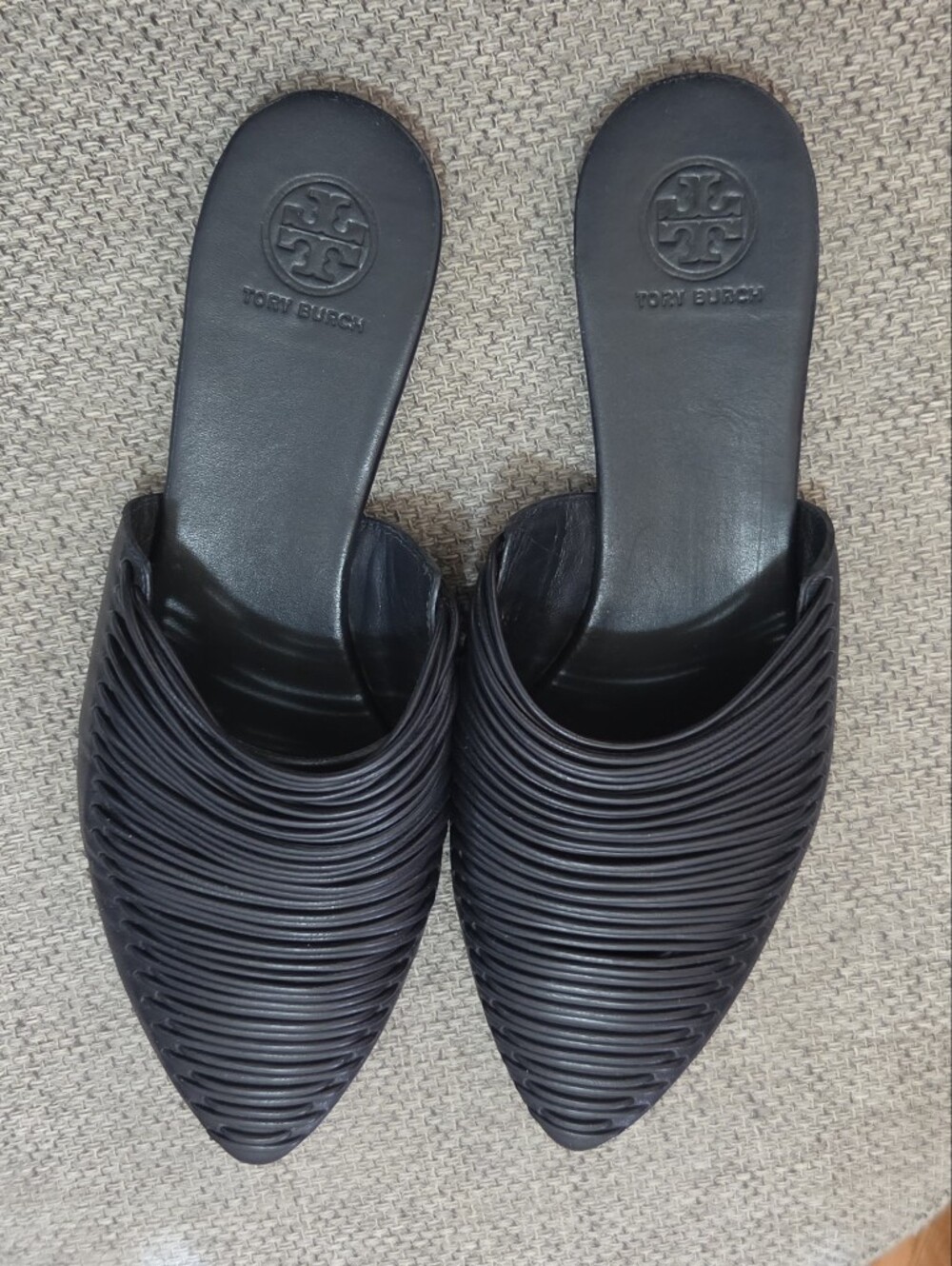 Tory Burch Sienna Black Leather Pointed Toe Woven Flat Slide Mules Size 7M - Picture 8 of 14